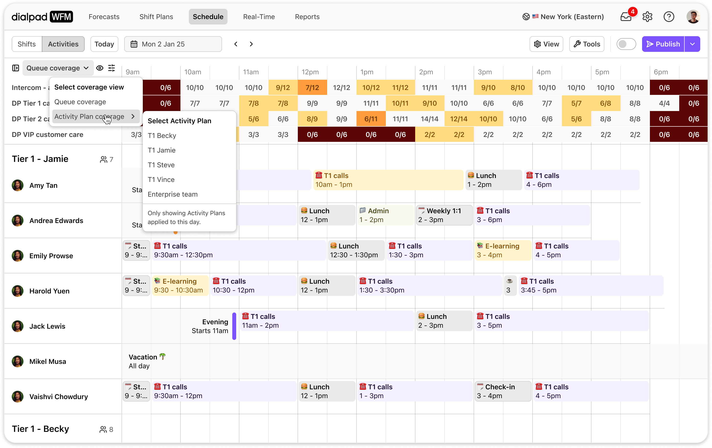 Schedule overview showing team activities, calls, and lunch breaks for January 2.